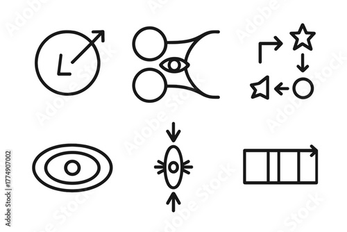 Astrophysics Line Icons. Line style icons of astrophysics: light-year symbol, gravitational lens, stellar evolution chart,