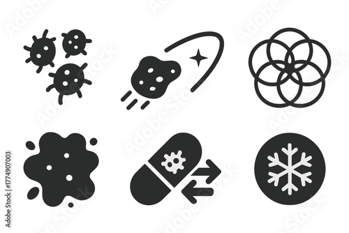 Panspermia Icons Collection. Solid style icons of panspermia hypothesis elements: Microbe Cluster, Asteroid with Trail,