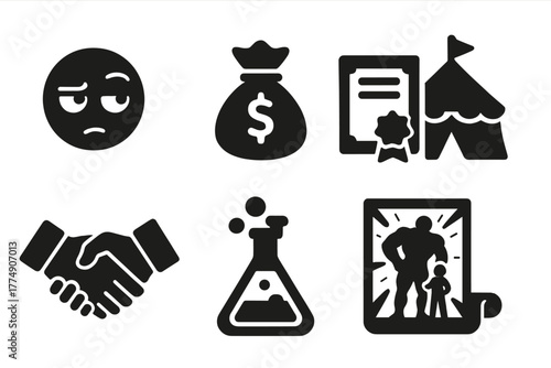 Questionable Medicine Icons. Solid style icons of questionable medicine culture: Doubtful Glance, Coin Bag, Fake Certificate,