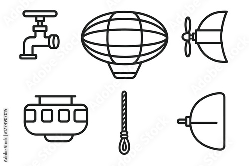 Retro Airship Icons. Line style icons of Retro Airship Details: hydrogen valve, balloon envelope, hanging gondola, propeller fins,