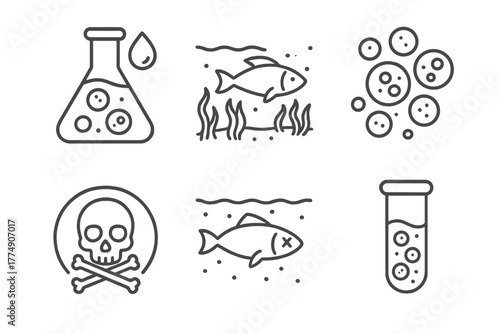 Marine Biology Icons. Line style icons of marine biology: marine toxins icon, red tide, harmful algae bloom, neurotoxin symbol,