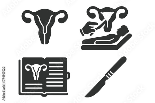 Vintage Hysterectomy Icons. Solid style icons of Vintage Hysterectomy Chart: Anatomy, Surgery, Medical History, Uterus, Scalpel,