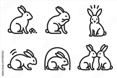 Wildlife Behavior Icons. Line style icons of Wildlife Behavior Indicators: feeding response, grooming gesture, alert posture, fear