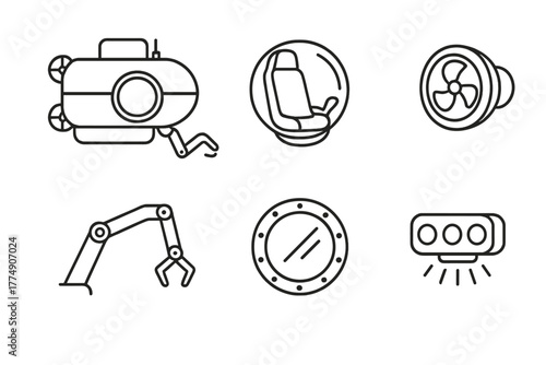 Deep-Sea Submersible Icons. Line style icons of Deep-Sea Submersibles: research submersible, pilot seat capsule, propeller unit,