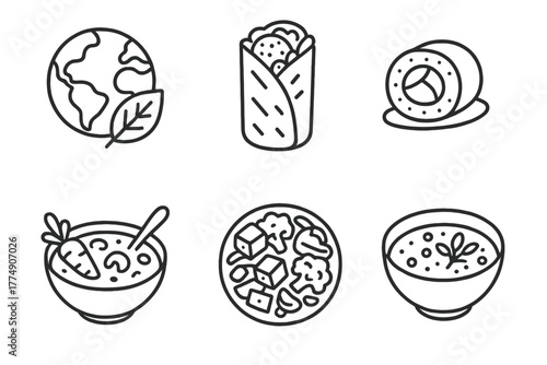 Vegan Food Icons. Line style icons of vegan diet: global vegan cuisines, falafel wrap icon, vegan sushi roll, vegetable curry bowl
