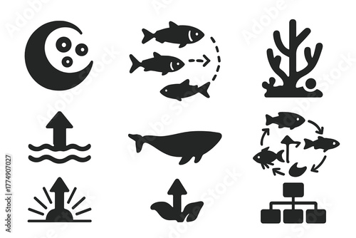 Marine Ecosystem Icons. Solid style icons of marine ecosystems affected: Phytoplankton Swirl, Fish Migration Route, Coral Health