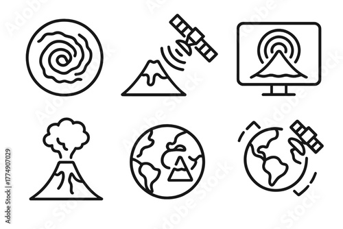 Volcano Monitoring Icons. Line style icons of volcanology: volcano satellite view, remote sensing icon, infrared heat scan,