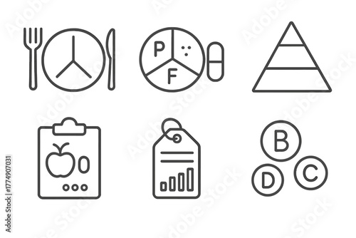 Nutrition Science Icons. Line style icons of nutrition science: balanced plate diagram, macro and micronutrient chart, food