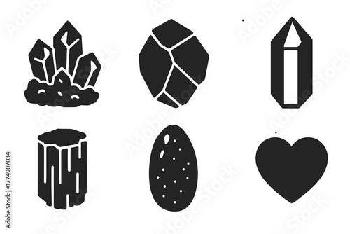Healing Crystal Icons. Solid style icons of healing crystal types: Amethyst Cluster, Rose Quartz, Black Tourmaline, Clear Quartz,