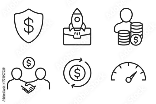 Private Equity Icons. Line style icons of private equity: private equity fund logo, fund launch icon, investor capital stack,