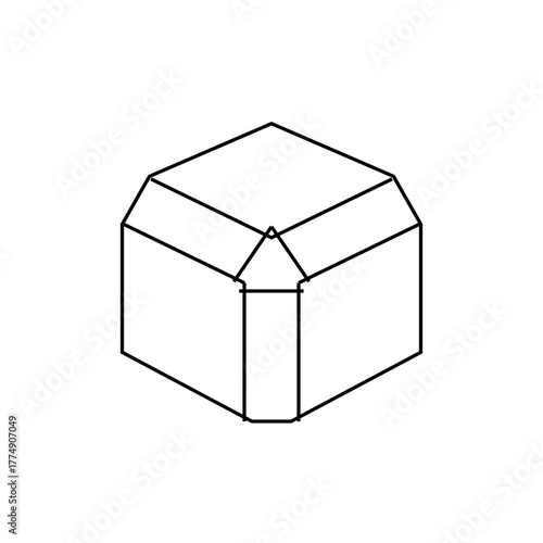 Isometric view of a truncated cube with a pointed roof like structure on top rendered in black outline
