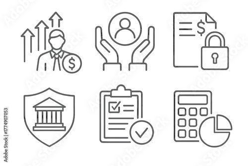 Hedge Fund Icons. Line style icons of hedge funds: third-party administrator, transfer agent symbol, custody service icon, legal