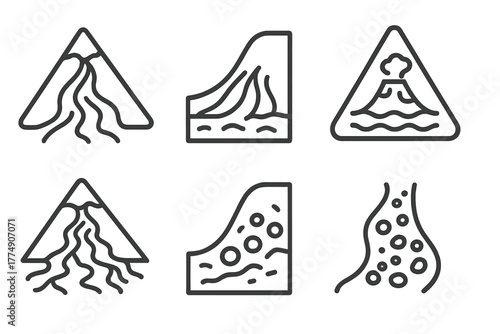 Volcanology Line Icons. Line style icons of volcanology: lahar flow, mudslide path, sediment deposit, lahar warning icon, volcanic