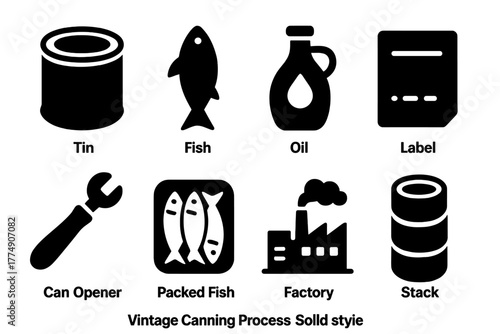 Vintage Canning Icons. Solid style icons of Vintage Canning Process: Tin, Fish, Oil, Label, Can Opener, Packed Fish, Factory,