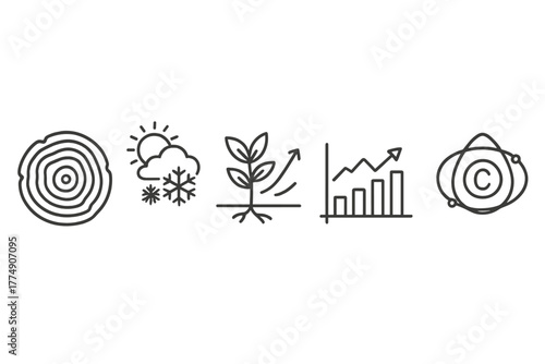 Paleontology Icons. Line style icons of paleontology: fossilized tree ring, ancient climate icon, growth pattern, paleoecology