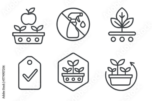 Hydroponic Line Icons. Line style icons of hydroponics: clean food production, no pesticide symbol, healthy crop icon,