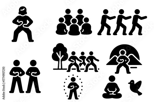 Qigong Group at Sunset. Solid style icons of Qigong group class: Instructor Pose, Student Circle, Synchronized Movement, Outdoor