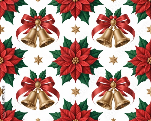 Elegant 3D seamless botanical Christmas pattern — poinsettias, holly leaves, red berries, pine branches, and golden ornaments in luxurious festive style on pure white background.