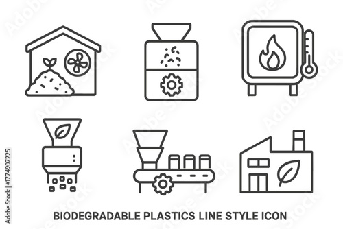 Biodegradable Plastics Icons. Line style icons of biodegradable plastics: industrial composting facility, compost machine icon,