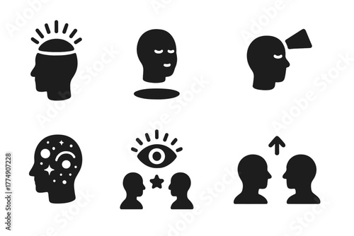 Expanded Consciousness Icons. Solid style icons of expanded consciousness: Open Crown, Floating Head, Light Beam from Mind, Inner