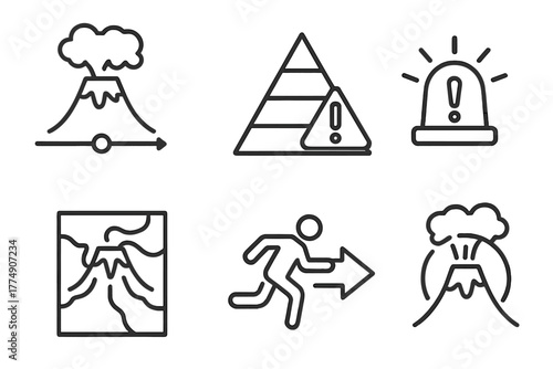 Volcanology Icon Collection. Line style icons of volcanology: eruption timeline, volcanic alert level, emergency warning icon,