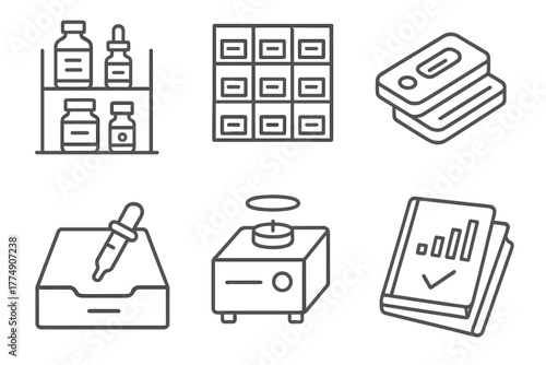 DIY Biohacking Icons. Line style icons of DIY Biohacking Shelves: supplement rack, labeled box grid, test kit stack, pipette