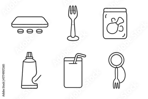 Zero-Gravity Food Utensils. Line style icons of Zero-Gravity Food Utensils: magnetic tray, suction fork, floating meal pack,