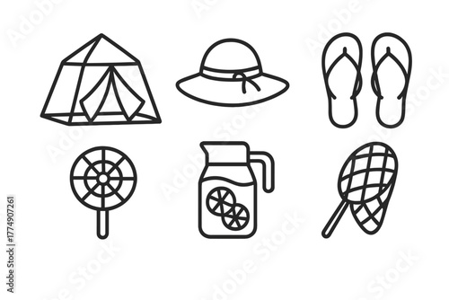 Glamping Essentials Icons. Line style icons of Glamping for Summer Setup: mesh tent, sun hat, flip-flops, picnic fan, hydration