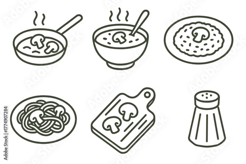 Foraged Mushroom Delights. Line style icons of Culinary Uses of Foraged Mushrooms: sauté pan with mushrooms, mushroom soup bowl,