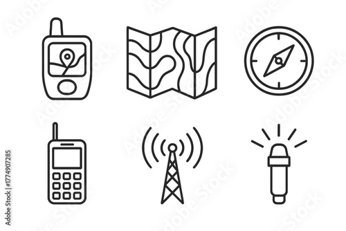 Navigation and Communication Icons. Line style icons of Navigation and Communication: GPS device, topographic map, compass,