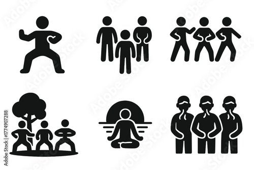 Qigong Group at Sunset. Solid style icons of Qigong group class: Instructor Pose, Student Circle, Synchronized Movement, Outdoor