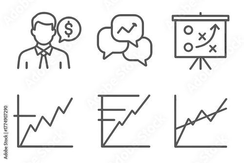 Forex Trading Line Icons. Line style icons of forex trading: forex influencer icon, trading group chat, strategy building icon,