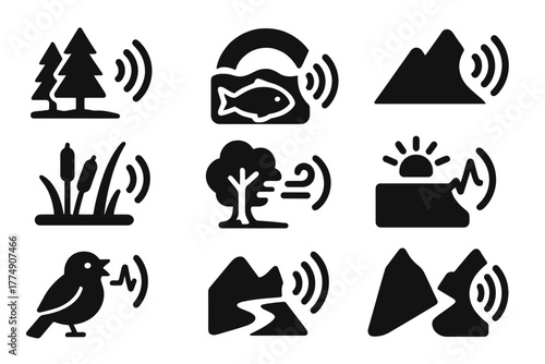 Acoustic Ecology Icons. Solid style icons of acoustic ecology elements: Forest Soundscape, Ocean Echo, Mountain Reverberation,