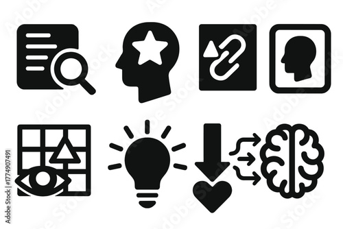 Abstract Interpretation Icons. Solid style icons of symbolic interpretation: Meaning Extraction Icon, Archetype Overlay, Semiotic