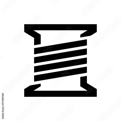 Illustration of a black thread spool with thread wrapped around it on a white background design style