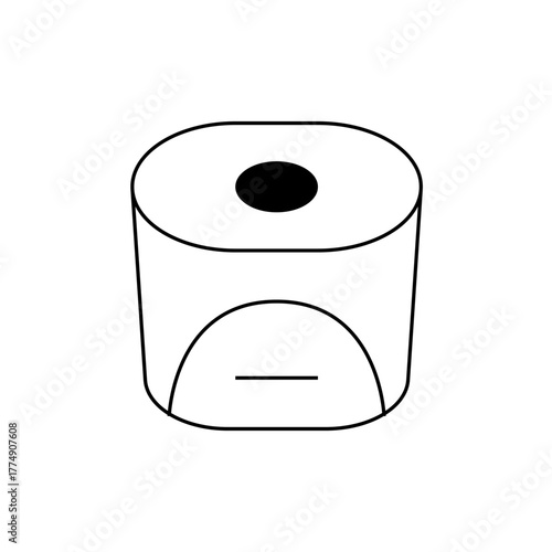 Illustration of a white cylindrical object with a black circle on top and a curved line at the bottom