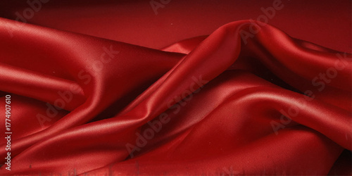 red satin silk, elegant fabric for backgrounds, beautiful red textile cloth background. detail of wavy red silk fabric background.
