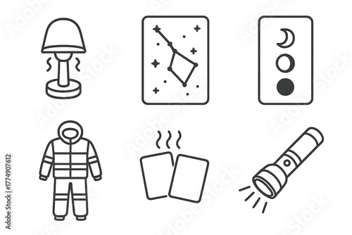 Polar Night Icons. Line style icons of Polar Night Essentials: red light lamp, winter sky constellation chart, moon phase card,