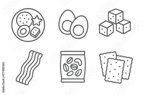 Ketogenic Diet Icons. Line style icons of ketogenic diet: keto-friendly snacks, boiled eggs icon, cheese cubes, beef jerky strip,