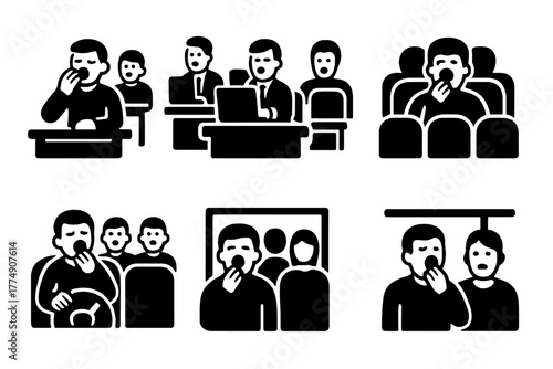 Social Yawn Icons. Solid style icons of yawning in social settings: Classroom Yawn, Office Chain, Movie Theater Reaction, Couch