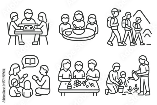 Tech-Free Family Activities. Line style icons of Tech-Free Family Time: board game night, shared meal icon, group hike,