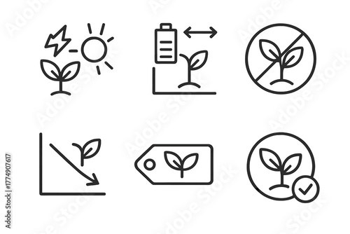 Artificial Photosynthesis Icons. Line style icons of artificial photosynthesis: catalyst degradation icon, stability over time,