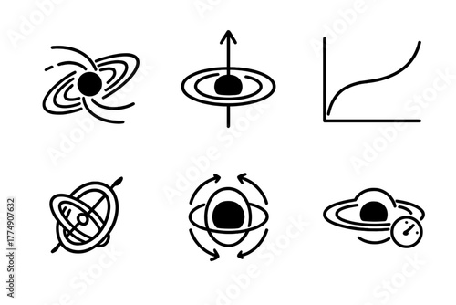 Black Hole Iconography. Line style icons of black holes: black hole spin, angular momentum arrow, rotation curve, gyroscopic