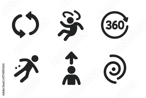 Zero-G Motion Icons. Solid style icons of zero-G symbolic motion: Rotation Arrows, Disorientation Curve, Drift Icon, 360 Spin,