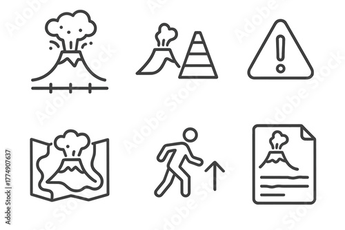 Volcanology Icon Collection. Line style icons of volcanology: eruption timeline, volcanic alert level, emergency warning icon,