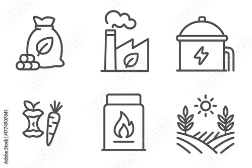 Renewable Energy Icons. Line style icons of renewable energy: biomass fuel icon, bioenergy plant, biogas digester, organic waste