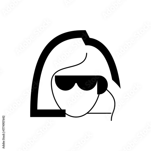 Stylized woman with sunglasses and bob haircut in black and white minimalist illustration style design