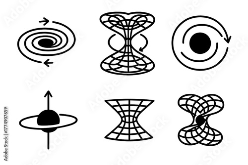 Black Hole Line Icons. Line style icons of black holes: rotating black hole, Kerr black hole icon, frame dragging effect,