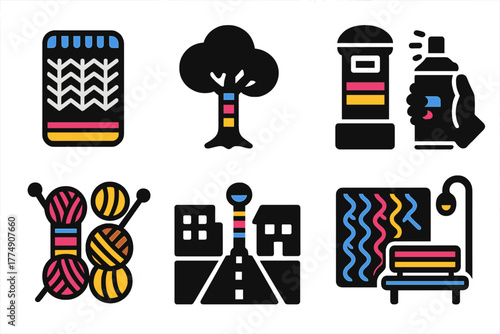 Colorful Yarn Artistry. Solid style icons of Yarn Bombing: Knitted Cover, Tree, Postbox, Guerrilla Art, Colorful Threads, Street,