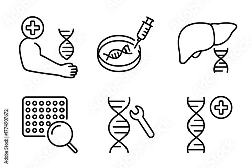 Genetic Engineering Icons. Line style icons of genetic engineering: regenerative medicine, gene-edited tissue, stem cell therapy,